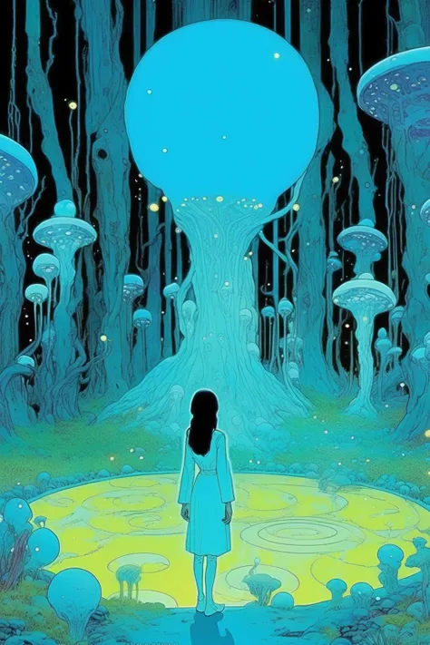 <lora:Kilian Eng Style:1>Kilian Eng Style - Pan's Labyrinth film reimagined by Moebius, in a world where the only colors are fluorescent and living creatures give off bioluminescence