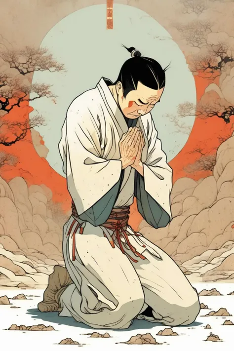 <lora:Kilian Eng Style:1>Kilian Eng Style - Front view, front view, an ancient Chinese man kneeling on the ground with both hands on the ground, front view, white background, dramatic composition.victo ngai style