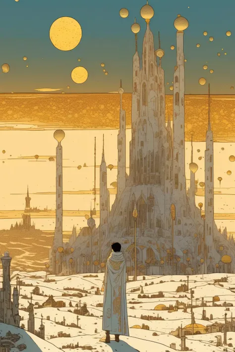 <lora:Kilian Eng Style:1>Kilian Eng Style - wide shot white desert city far cyberpunk towers fungi churches flags sharp golden hour backlit illustration in cyberpunk style of Ivan Bilibin