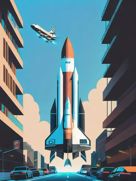 <lora:KilianEng:1>a poster of a space shuttle flying over a city with cars driving down the street by Kilian Eng