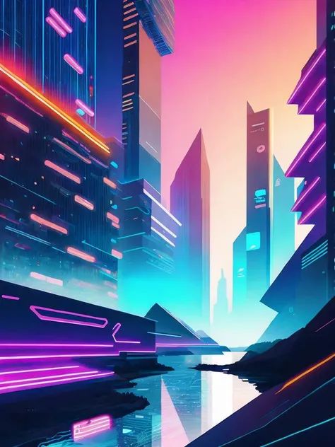 <lora:KilianEng:1>an illustration of a futuristic city with neon lights and a river running through it by Kilian Eng