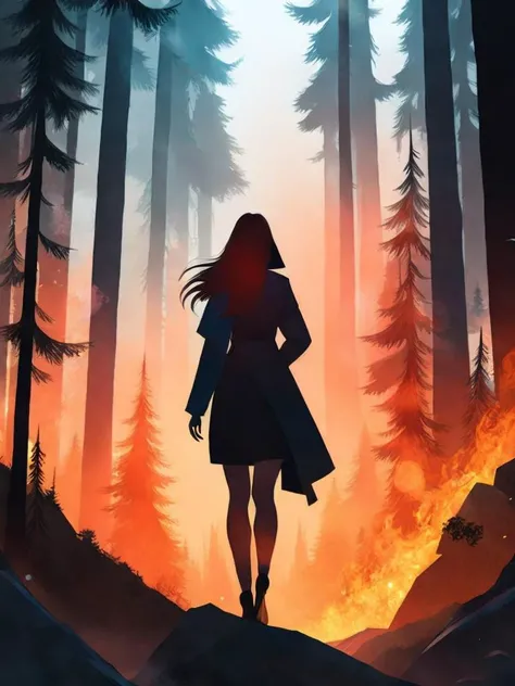<lora:KilianEng:1>an illustration of a woman walking through a forest filled with fire and smoke by Kilian Eng