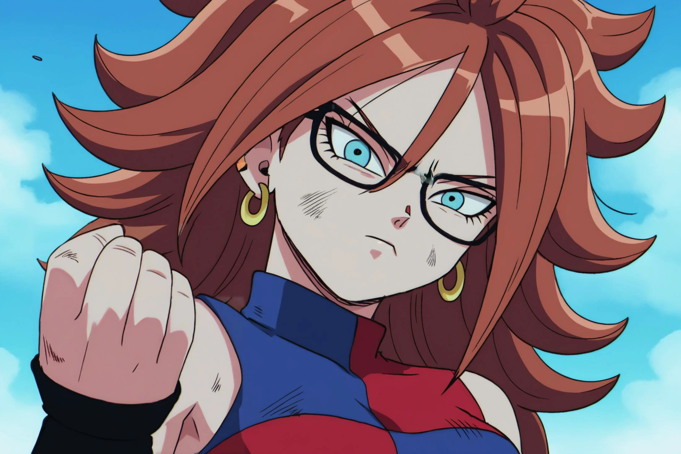 source_anime, score_9, score_8_up, score_7_up, anime screencap,
1girl, solo, long hair, breasts, looking at viewer, blue eyes, brown hair, hair between eyes, earclip, medium breasts, closed mouth, upper body, earrings, detached sleeves, sky, glasses, day, blue sky, a21dress, clenched hand, serious, hoop earrings, bruise, android 21, human
<lora:c21_pony_v1:0.8>