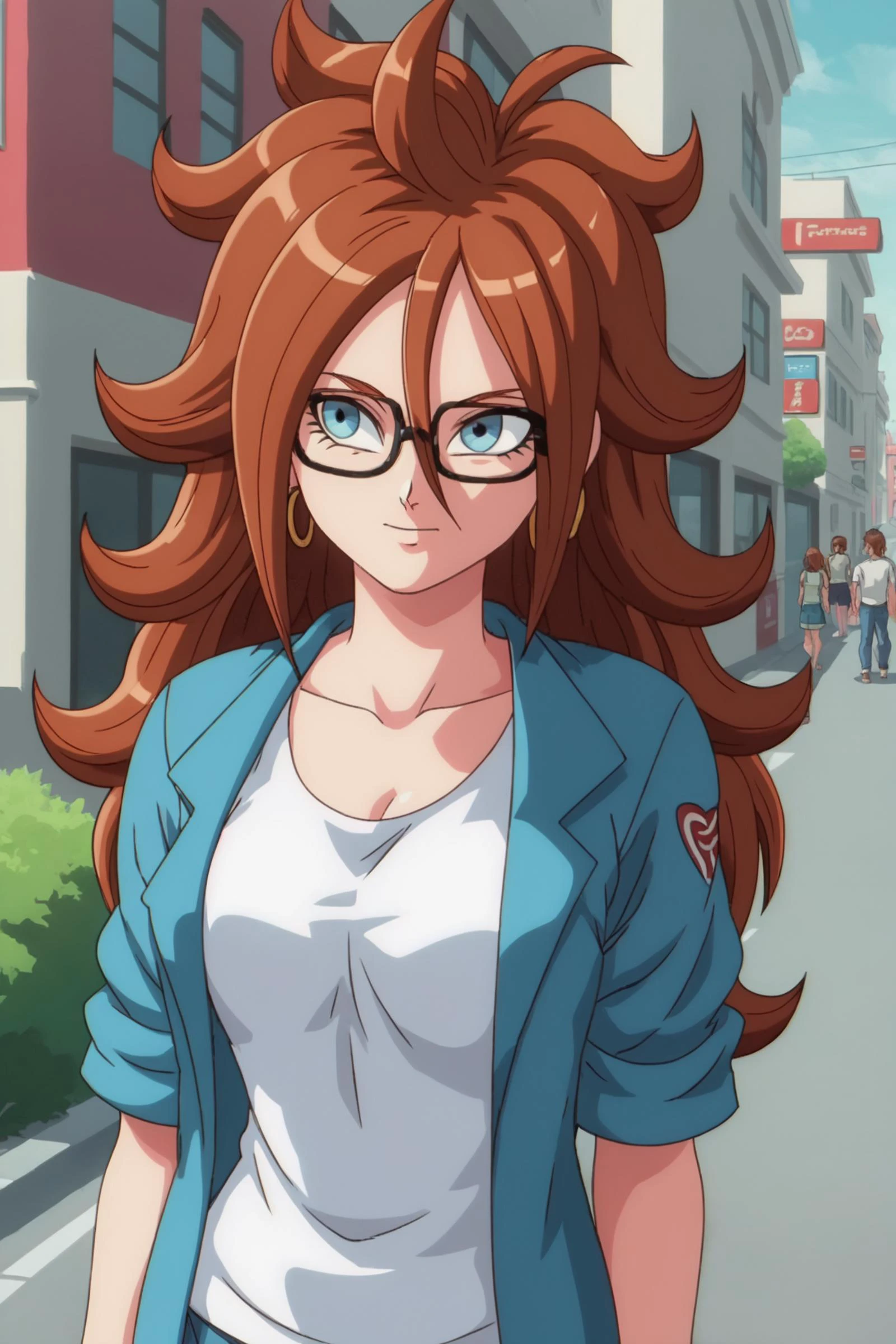source_anime, score_9, score_8_up, score_7_up, anime screencap,
1girl, android 21, human, long hair, blue eyes, brown hair, hair between eyes, earclip, hoop earrings,
t-shirt, jeans,
street, city, outdoors, blue sky, dappled sunlight, glasses,
<lora:c21_pony_v1:0.8>