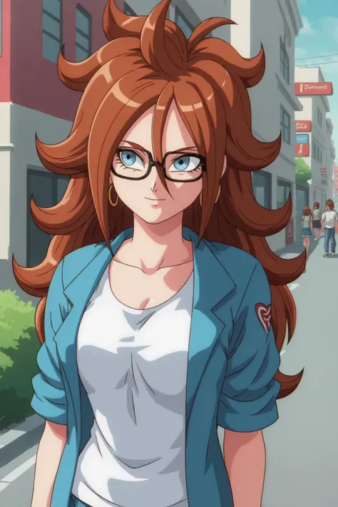 source_anime, score_9, score_8_up, score_7_up, anime screencap,
1girl, android 21, human, long hair, blue eyes, brown hair, hair between eyes, earclip, hoop earrings,
t-shirt, jeans, 
street, city, outdoors, blue sky, dappled sunlight, glasses, 
 <lora:c21_pony_v1:0.8>