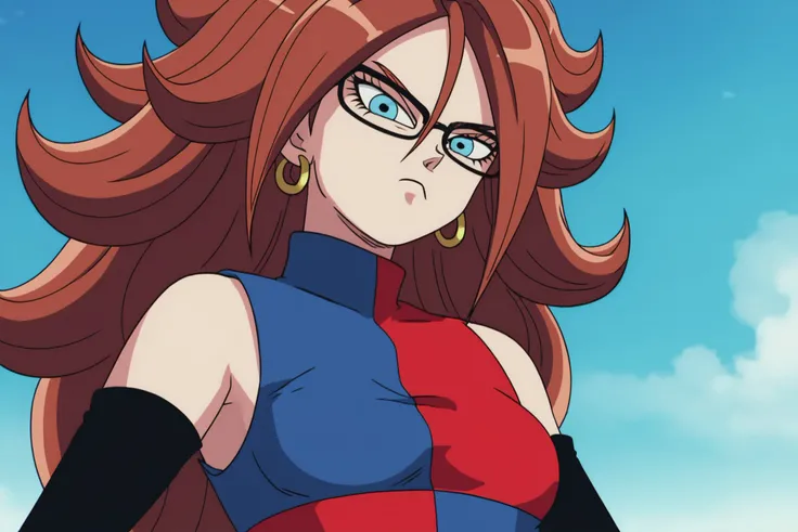 source_anime, score_9, score_8_up, score_7_up, anime screencap,
1girl, solo, long hair, breasts, looking at viewer, blue eyes, brown hair, earclip, medium breasts, closed mouth, upper body, earrings, detached sleeves, glasses, a21dress, frown, curly hair, serious, hoop earrings, android 21, human, from below, shaded
 <lora:c21_pony_v1:0.8>