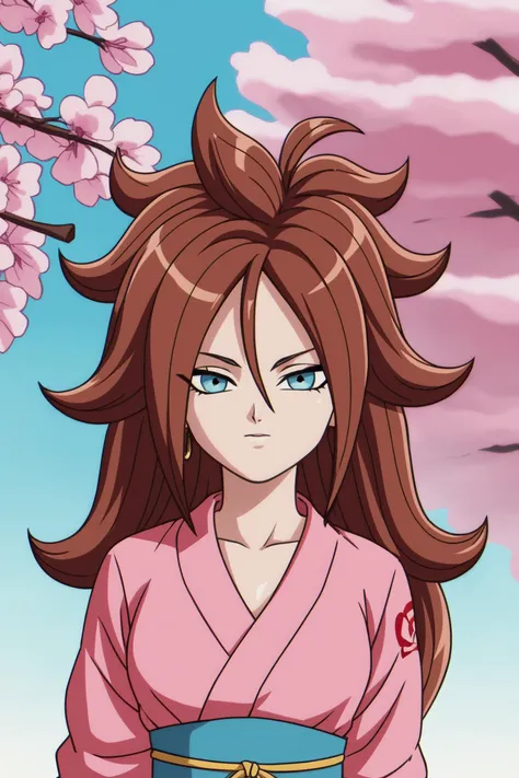 source_anime, score_9, score_8_up, score_7_up, anime screencap,
android 21, human, long hair, blue eyes, brown hair, hair between eyes, nail polish
pink kimono, cherry blossoms, temple, yukata, upper body, arms behind back, collarbone, 
 <lora:c21_pony_v1:0.8>