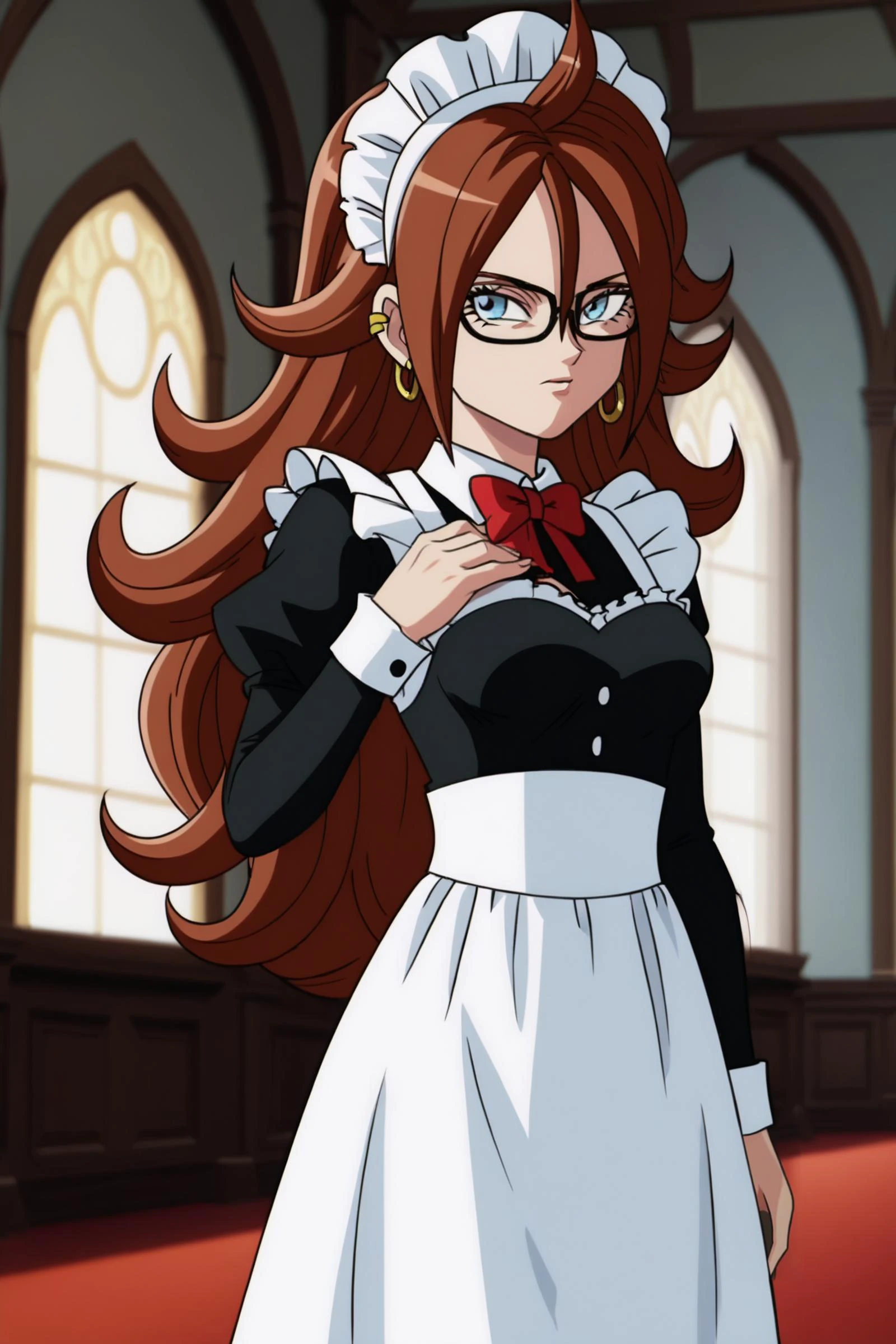source_anime, score_9, score_8_up, score_7_up, anime screencap,
1girl, android 21, human, long hair, blue eyes, brown hair, hair between eyes, earclip, hoop earrings,
maid headdress, maid,
indoors, mansion,
<lora:c21_pony_v1:0.8>