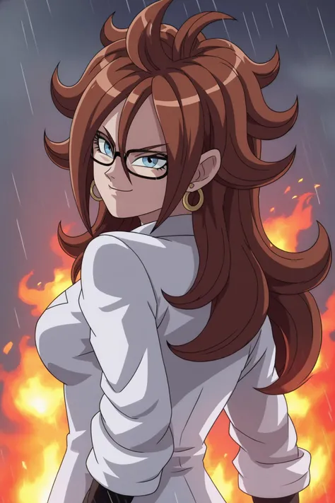 source_anime, score_9, score_8_up, score_7_up, anime screencap,
android 21, (human), 
1girl, solo, long hair, blue eyes, brown hair, hair between eyes, earclip, glasses, 
a21dress, lab coat, ruined city, fire, destruction, rain, upper body, smile, evil smile, from behind, looking back, building, 
 <lora:c21_pony_v1:0.8>