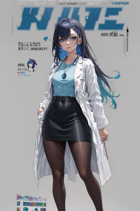 HDR,UHD,8K,best quality,masterpiece,1girl,mature female,small breasts,model,slender,<lora:GoodHands-beta2:1>,civitai-chan,braided bangs,labcoat,shirt,shirt tucked in,single vertical stripe,black skirt,pencil skirt,pantyhose,necklace,
Add multicolored hair,black hair,blue hair and blue eyessunlight,day,magazine cover,<lora:Magazine-10:1>,magazine cover,<lora:gijinkaseries_civitai-18:0.7>,<lora:Magazine:0.8>,magazine cover,colorful magazine,