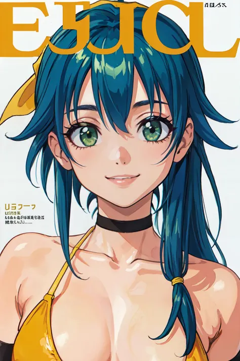 (houjou raita, mahou shoujo /(raita/)), 1girl, solo, 10yo, official art, gyaru, blue hair, hair over one eye, small breast, shiny skin, groin, bikini, open shirt, side tie, necklace, bracelet, standing, contrapposto, head tilt, smile, naughty, mesugaki, blush, vulgarity, white background, simple background, peace sign, netorare, nsfw