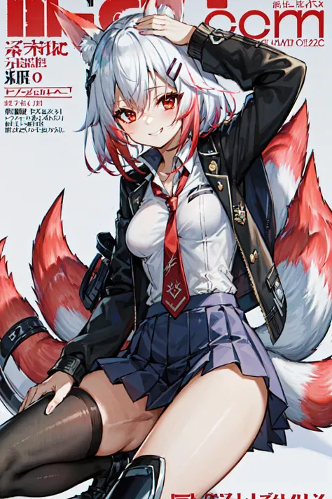 Firefox-Skollie, red eyes, fox girl, multiple tails, multicolored hair, 1girl, hairclip, solo, light smile, small breasts, looking at viewer,
school uniform, pleated skirt, necktie, open jacket, magazine cover, simple background,
(masterpiece:1.1), (best quality:1.1), (ultra-detailed:1.1), (illustration:1.1),