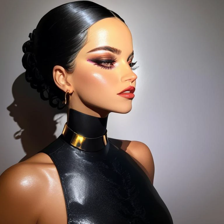 Side profile of a ((stunning)) woman <lora:ismerced1-10_v2:1> , wearing a tight black choker, perfect face, realistic, 4K, (masterpiece), high quality, smooth skin, ethereal,highly detailed face