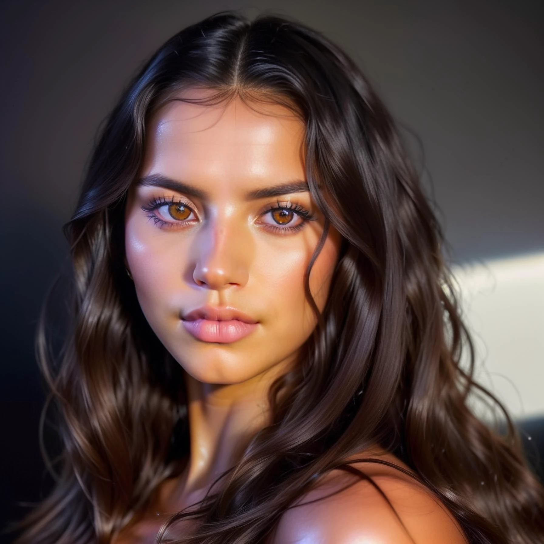 portrait of a ((very stunning)) woman with wavy black hair,epic (photo, studio lighting, hard light, sony a7, 50 mm, matte skin, pores, colors, hyperdetailed, hyperrealistic), face forwards, ((symmetric)), ethereal, by ilya kuvshinov, sharp focus, <lora:ismerced3-12:0.5> ,<lora:ismerced1-10_v2:0.1>