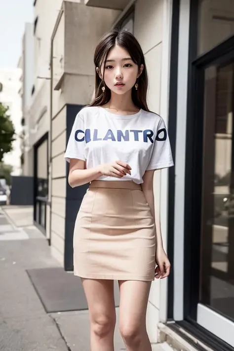 1girl,white t-shirt,office,ss pencil skirt,standing, ,outdoors,short skirt, <lora:ss pencil skirt:0.7>