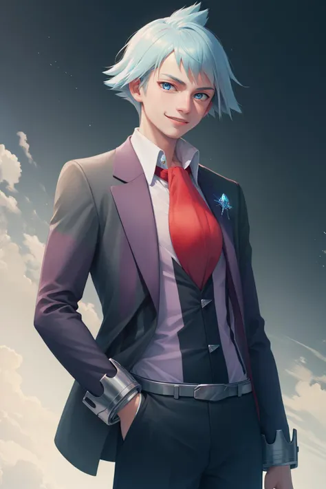 (masterpiece, best quality:1.2), <lyco:pokemon_stevenstone-10:1.0>, cowboy shot, solo, male focus, 1boy, pokemonstone, smile, looking at viewer, jacket, collared shirt, necktie, long sleeves, pants, jewelry, ring