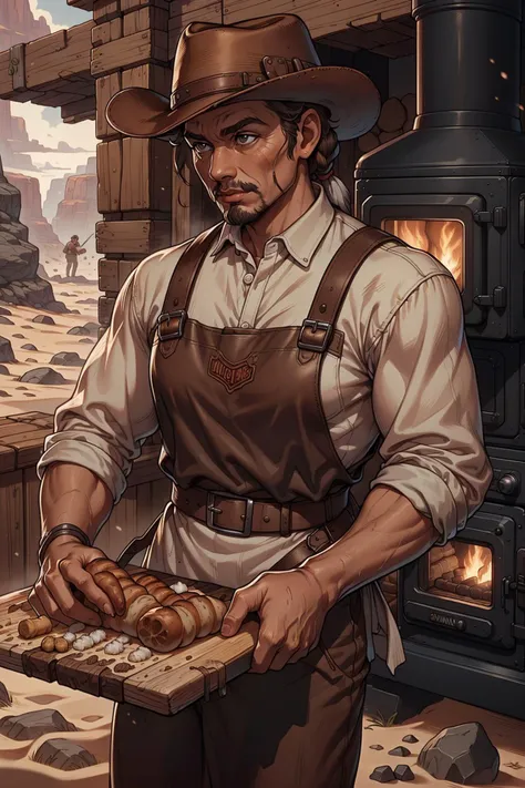 <lora:WildWestWorld:1> wildwestworld, photo of a French baker scoring baguettes before baking them in a stone oven, sand, native american, wood, rugged, leather,(epicPhoto),