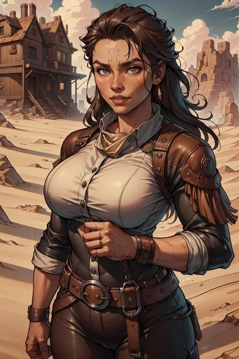 <lora:WildWestWorld:1> wildwestworld, photo of  Fist of the north star as a fantasy D&D character, portrait art by Donato Giancola and James Gurney, digital art, trending on artstation, sand, native american, wood,  rugged, leather,(epicPhoto),