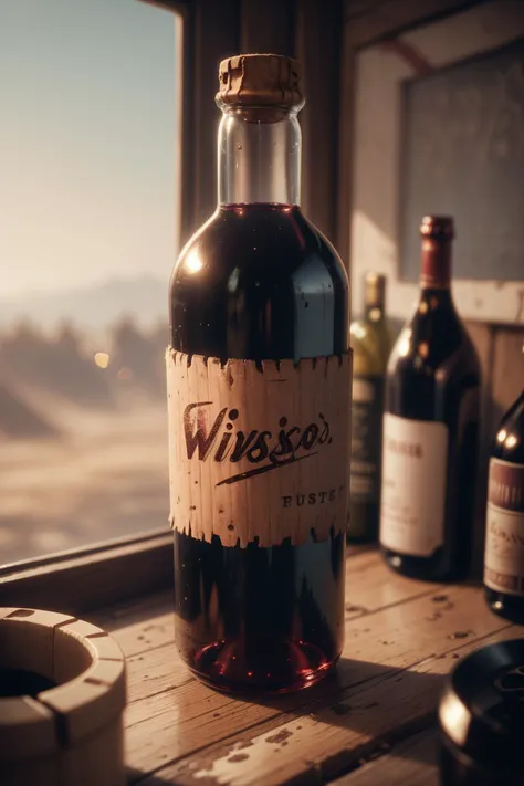 <lora:WildWestWorld:0.8> wildwestworld, photo of a dusty wine bottle, dust, rugged, leather, 24mm, (analog, cinematic, film grain:1.3),(epicPhoto),