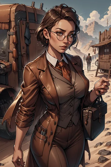 <lora:WildWestWorld:1> wildwestworld, photo of  vivid colors, character sheet, fine details, front view, greg rutkowski, kim jung gi, human, suit vest, longcoat, androgynous, female, face, glasses, briefcase, brown clothes, pretty face, artstation, concept art, dc constantine, sand, native american, wood,  rugged, leather,(epicPhoto),