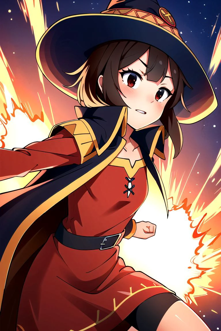 masterpiece, best quality , <lora:char-meguminKonosuba_v10:0.7> megumin, red eyes, 1girl, red dress, brown hair, , explosion in the background, absurdes, wizards hat, cape