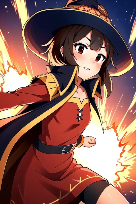 masterpiece, best quality ,    <lora:char-meguminKonosuba_v10:0.7> megumin, red eyes, 1girl, red dress, brown hair,  , explosion in the background, absurdes, wizards hat, cape