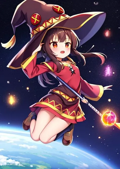 masterpiece, best quality, ultra-detailed,1girl, <lora:Megumin:0.7>,Megumin,jumping,mantle,witch hat,jeweled staff,many meteorites falling,planet background, <lora:GoodHands-vanilla:0.8> <lora:anmnr01:0.3> ,<lora:add_detail:0.5>