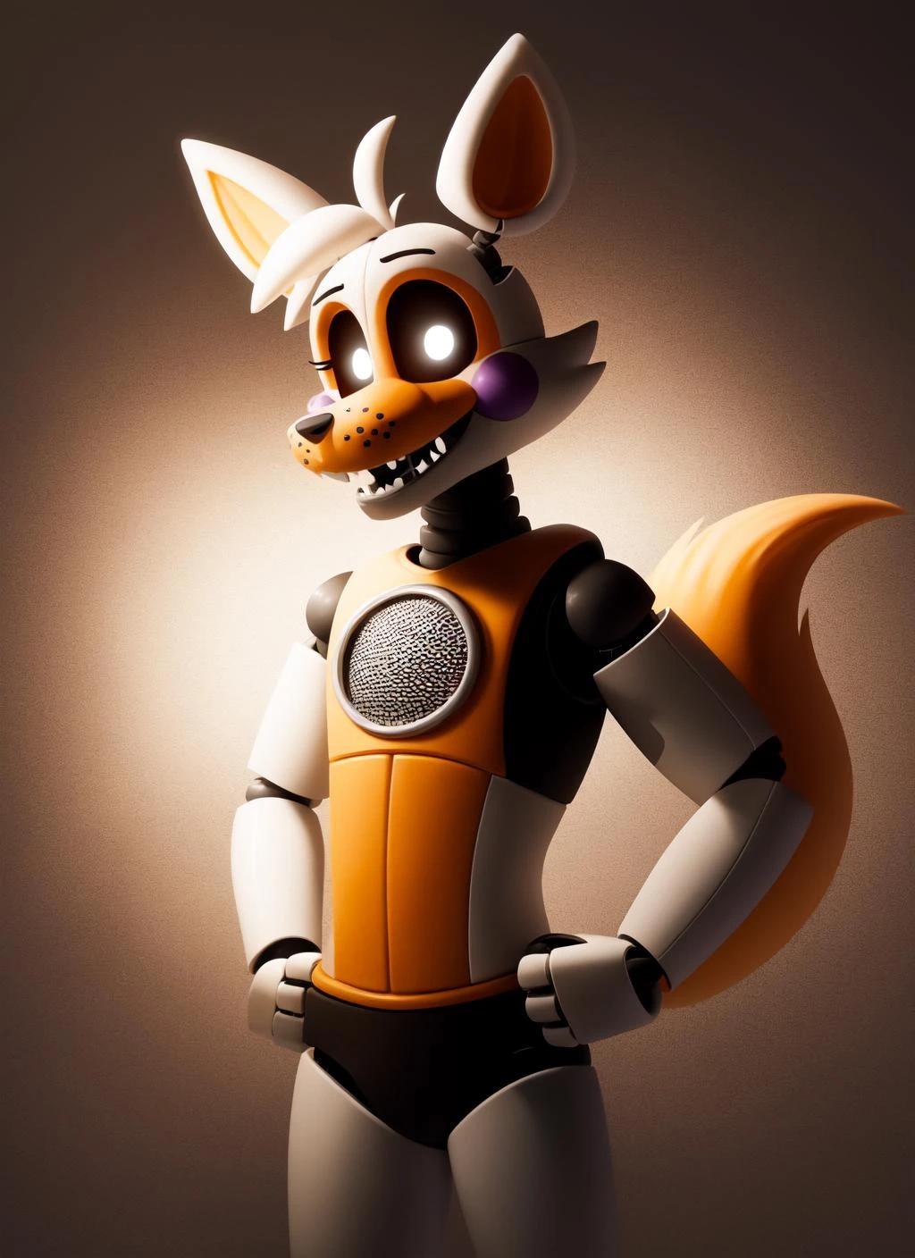 lolbit, furry male, robot, small chest speaker, standing, hands on hips, portrait, solo, (best quality), (abstract torn background:1.1), dramatic lighting, (horror scene:1.2), looking at viewer, (tail:1.2), teeth, glowing eyes, fists, <lora:lolbit-v1:1>