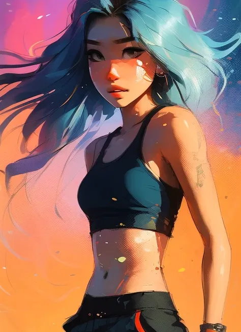 samdoesarts award winning half body portrait of a woman in a croptop and cargo pants with ombre navy blue teal hairstyle with head in motion and hair flying, paint splashes, splatter, outrun, vaporware, shaded flat illustration, digital art, trending on artstation, highly detailed, fine detail, intricate