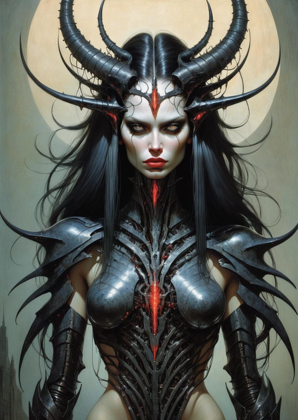 1 female, demon, mechanical body parts
cyborg, armor
long hair , dark horn
hellfire
spiked veins, vessels
detailed, dramatic lighting shadow, (best quality)
art by gerald-brom Zdzislaw Beksinski
SimplepositiveXLv1