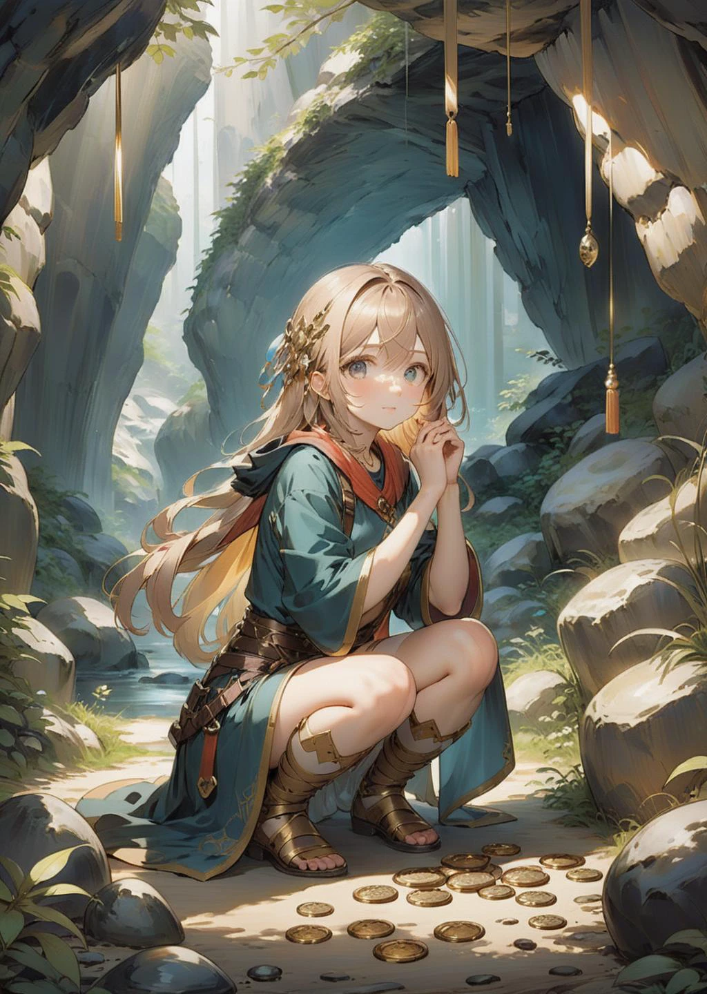 1 female adventurer, crouching
deep in the cave
treasures, gold, coins, jewelries
anime manga comic
by Yoshitaka Amano Posuka Demizu
SimplepositiveXLv1