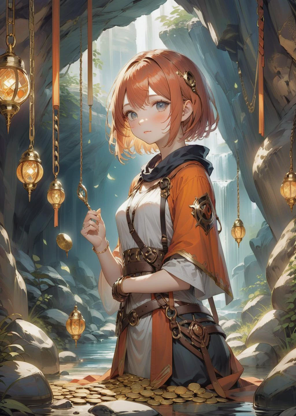 1 female adventurer, lock picking , short hair
deep in the cave
treasures, chests, gold, coins, jewelries
anime manga comic
by Posuka Demizu
SimplepositiveXLv1