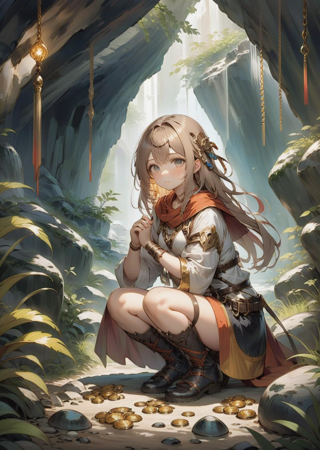1 female adventurer, crouching
deep in the cave
treasures, gold, coins, jewelries
anime manga comic
by Yoshitaka Amano Posuka Demizu
SimplepositiveXLv1