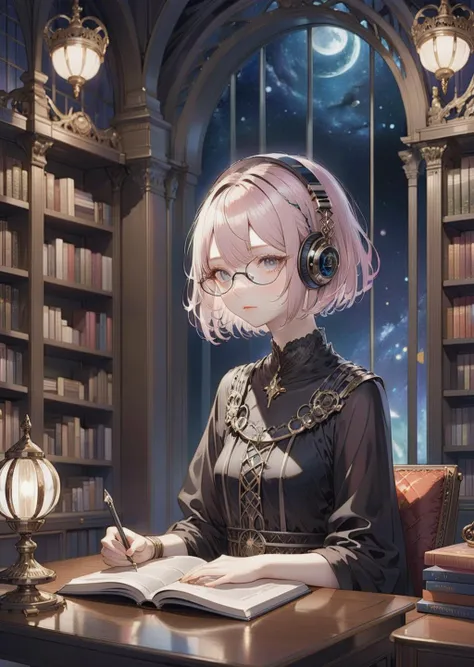 1 girl, short hair, headphone glasses
reading , desk, room
bookshelves
gadgets
sci-fi
fantasy
night, dim light
anime
mange-comic
SimplepositiveXLv1
(by Kay Nielsen)