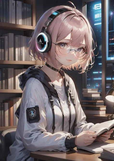 1 girl, short hair, headphone glasses 
reading , desk, room 
bookshelves 
gadgets 
 sci-fi 
fantasy 
night, dim light 
anime
mange-comic
   SimplepositiveXLv1