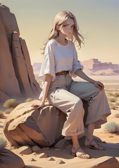 1 young woman sit on a rock, sad ,  desert 
oversized pants 
 abstract, artistic 
 gradient 
 by  Jean Giraud 
   SimplepositiveXLv1