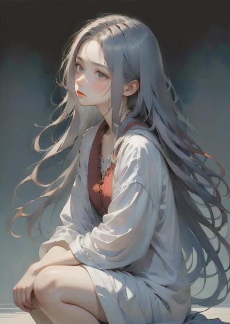 1 young woman sit, sad , 
long hair 
abstract, artistic 
 gradient 
 by  Jean Giraud Yoshitaka Amano 
   SimplepositiveXLv1
