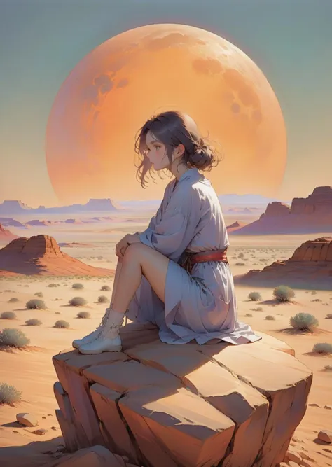 1 young woman sit on a rock, sad ,  desert 
 abstract, artistic 
 gradient 
 by  Jean Giraud Yoshitaka Amano 
   SimplepositiveXLv1