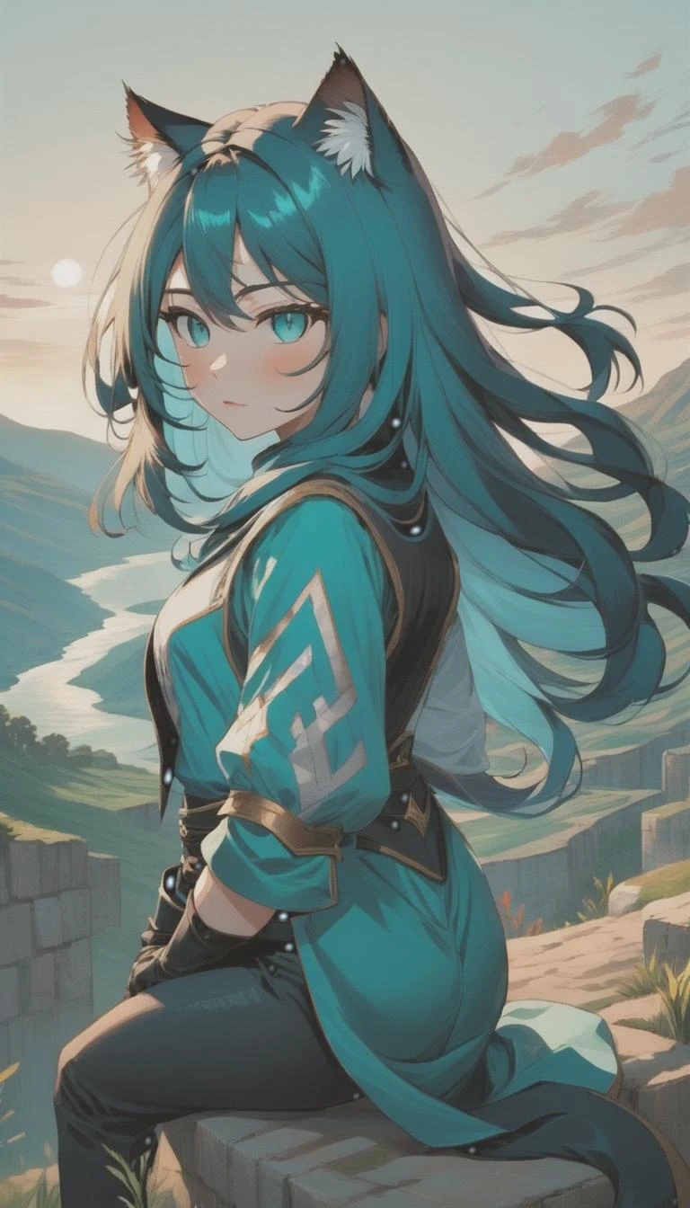A (catgirl:1.25) sitting overlooking a valley from a cliff edge. Long Teal hair
volumetric lighting, professional lighting, , medium (breasts:1.2), long teal hair
cat ears, cat tail, catgirl