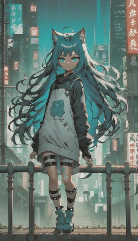 A (catgirl:1.15) walking on top of a fence.
Long Teal hair, nudity, pudgy,
dark gloom lighting, cyberpunk, high tech, android, metallic body parts., medium (breasts:1.2), teal hair
cat ears, cat tail, catgirl