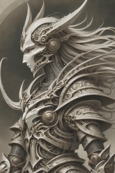 a close up of a drawing of a man with a sword, by Yang Buzhi, mecha plate armor, sleek armor, intricate organic painting, graphic artist magali villeneuve, from three kingdoms, brutalist shiro, side profile artwork, 2 0 7 7, genji, gujian, greg rutkowski and krenz cushart, antique painting <lora:Da_Vinci:0.8> Biomech, ink drawing, anatomical, Da_Vinci, vitruvian <lora:woodfigurez:1> woodfigurez