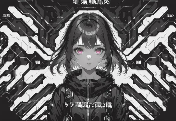 see girl through hud, hud, graphic, elements, <lora:testcyber:1.5>, 
1girl, solo, cute, street,
cyberpunk, scifi, future,
(glitch-noise:2.0), monochrome, (selective color change of eyes:1.5),