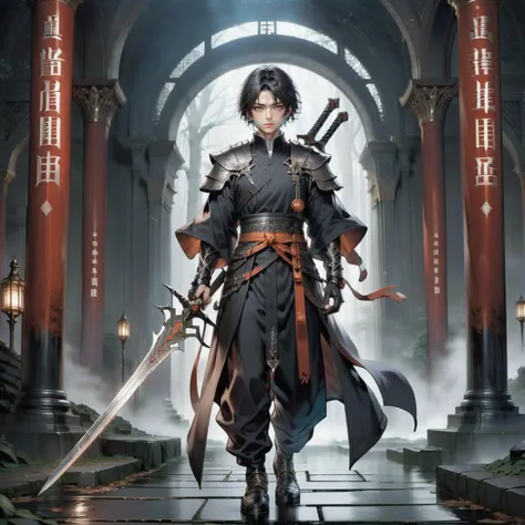 Asian male, 20 years old, silent, cold, holding an ancient heavy black iron epee with ancient characters and symbols engraved on the sword, in a dark underground maze, exquisite details,high quality, best quality,perfect anatomy