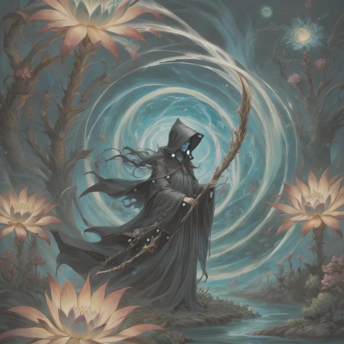 (((dark cyan black_Light painting with dazzling detail and texture art:1.3))), (((beautiful gothic horrorãIt's a Grim Reaper that has been holding for a long time.ã_large Scythe:1.3))), (((1 piece of swallowtail butterfly with plenty of glittering scale powder:1.2))), (((To a juicy planet:1.3))), (((Seamless insane fusion design:1.4))), great atmosphere pose, (((Black_Light style with great rendering:1.4))), (((Illustration of different styles of top and bottom art:1.3))), (((Under the dark_Color_Water tornado due to upper radiation and release:1.6))), All capture beautiful details Black_light glow, (((beautiful detail black_light_Shine and dim glow behind:1.3))), Mysterious beauty, elegant twist, Swirls and sparkling glass, Dim lighting, (((high contrast resolution:1.1))), (((Delicate touch:1.5))), (((pop splash succulent neon_Hazy glow_garden background details:1.1))), (((Intricate details:1.3))), (((fantasy fairy illustration:1.2))), matte paint, mezzotint, detailed gouache painting, heavy stroke mix, ((Eternity and dark fantasy wishes:1.1)), (((Exquisitely clear details:1.4))), (((true masterpiece:1.4))), UHD drawing,
