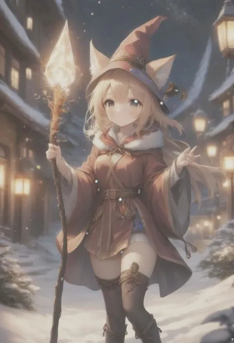 anime, cute furry girl, wizard hat, robe, thigh-highs, holding ancient staff, happy, midnight, bloom, ambient occlusion, glow, glowing lights, light particles, transparent, translucent, bokeh, depth of field, snow, wind