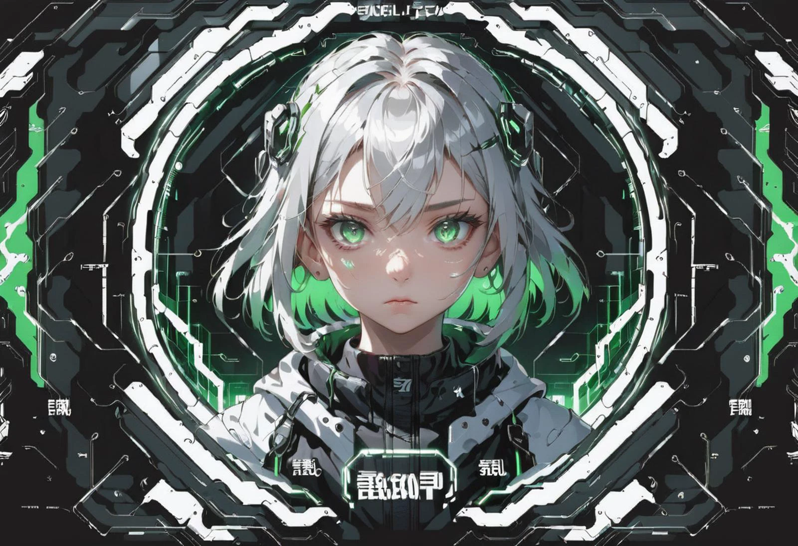 foreground girl behind glass with hud, right green hud, graphic, elements, <lora:testcyber:1.6>,
cyberpunk, scifi, future,
1girl, solo, cute, angry, silver hair,
crisp-edges, low-contrast, fisheye lens, hazy air,