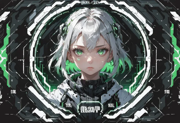 foreground girl behind glass with hud, right green hud, graphic, elements, <lora:testcyber:1.6>,
cyberpunk, scifi, future,
1girl, solo, cute, angry, silver hair,
crisp-edges, low-contrast, fisheye lens, hazy air,