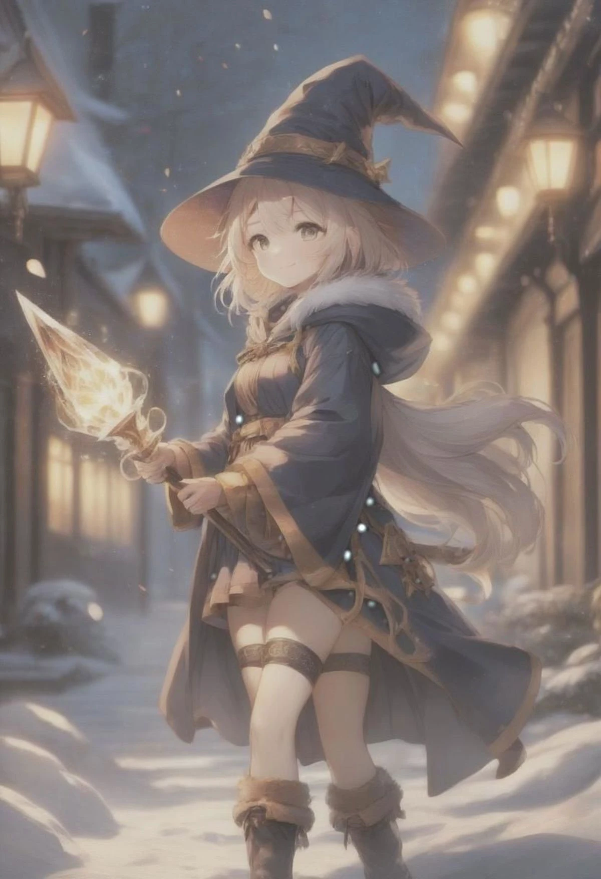 anime, cute furry girl, wizard hat, robe, thigh-highs, holding ancient staff, happy, midnight, bloom, ambient occlusion, glow, glowing lights, light particles, transparent, translucent, bokeh, depth of field, snow, wind