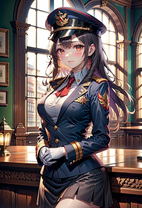 1girl, 180cm tall, f-cup bust, cleavage, naughty smile, bangs, black hair, blurry, blurry background, blurry foreground, blush, breasts, buttons, closed mouth, collared shirt, cowboy shot, depth of field, epaulettes, eyebrows visible through hair, gloves, hair between eyes, hand on hip, hat, indoors, jacket, light particles, long hair, long sleeves, looking at viewer, military, military hat, military uniform, necktie, open clothes, peaked cap, red eyes, shirt, sidelocks, solo, standing, uniform, very long hair, white shirt, window, wing collar