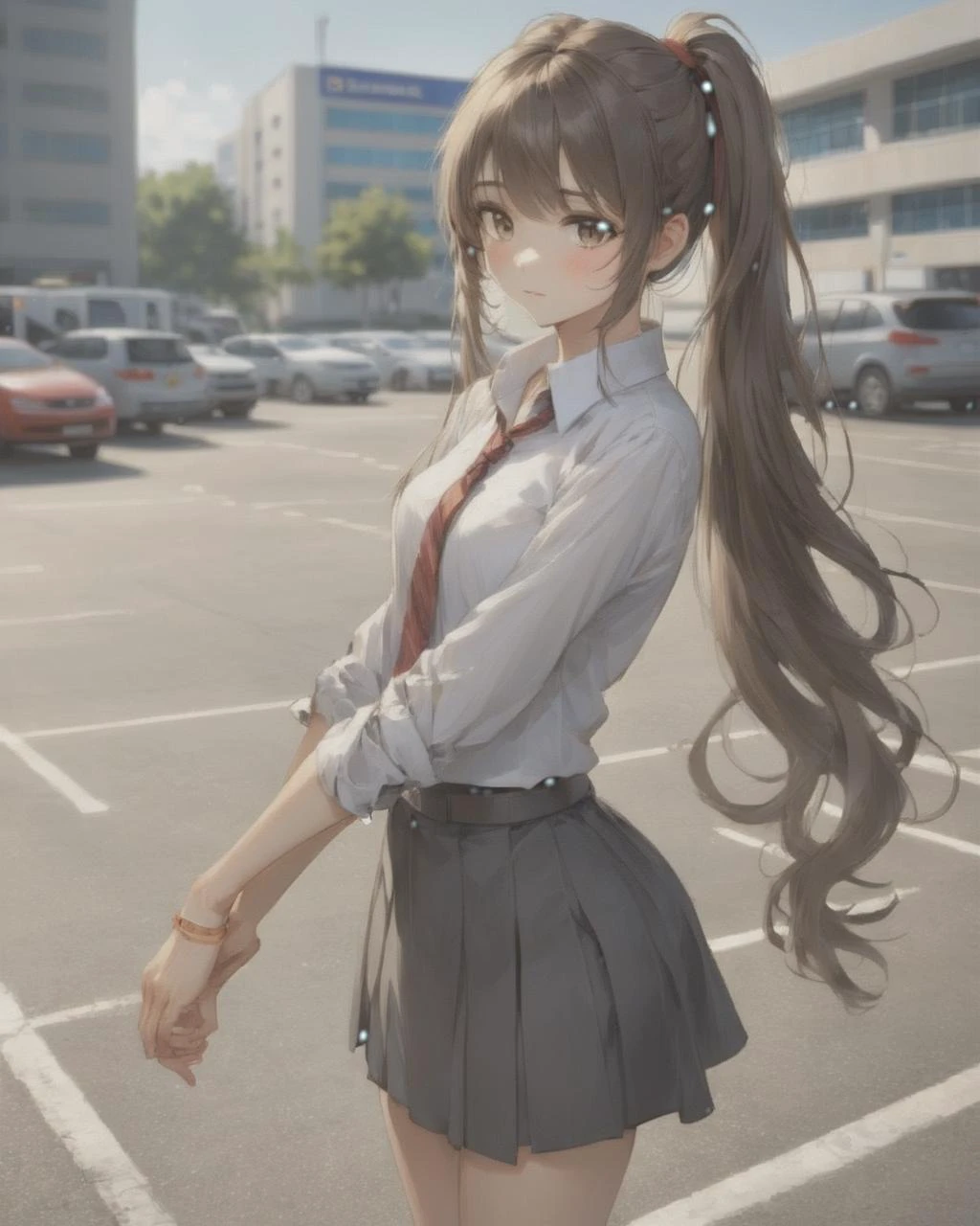 1girl, dress shirt skirt armlet ,brunette hair,very long hair,messy hair, front ponytail hair, blunt bangs bangs,modern parking lot daytime,